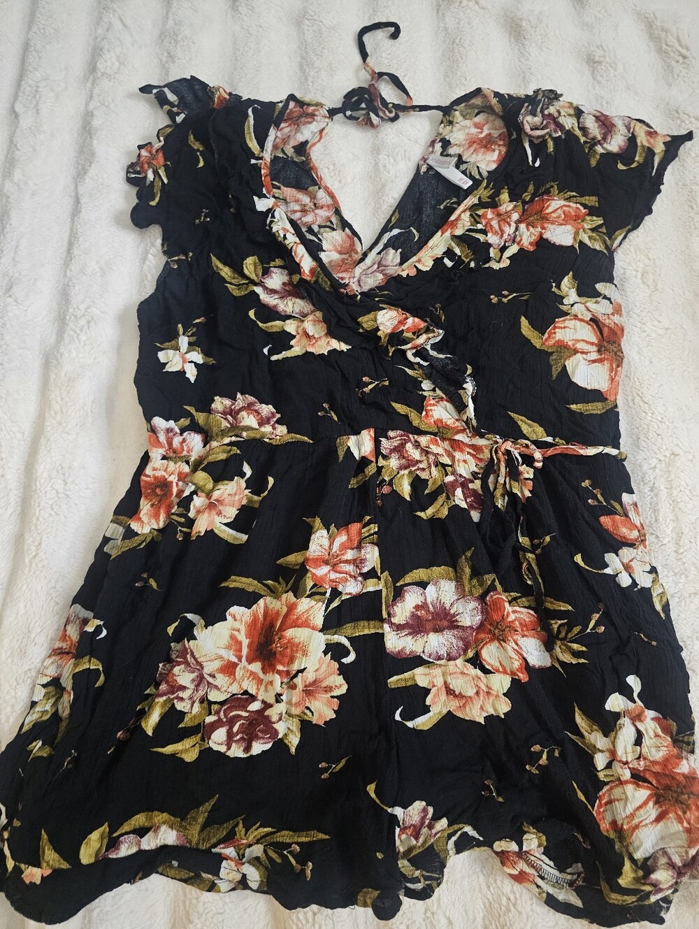 Xhilaration Black Floral Wrap Tunic with Red & Cream Blooms